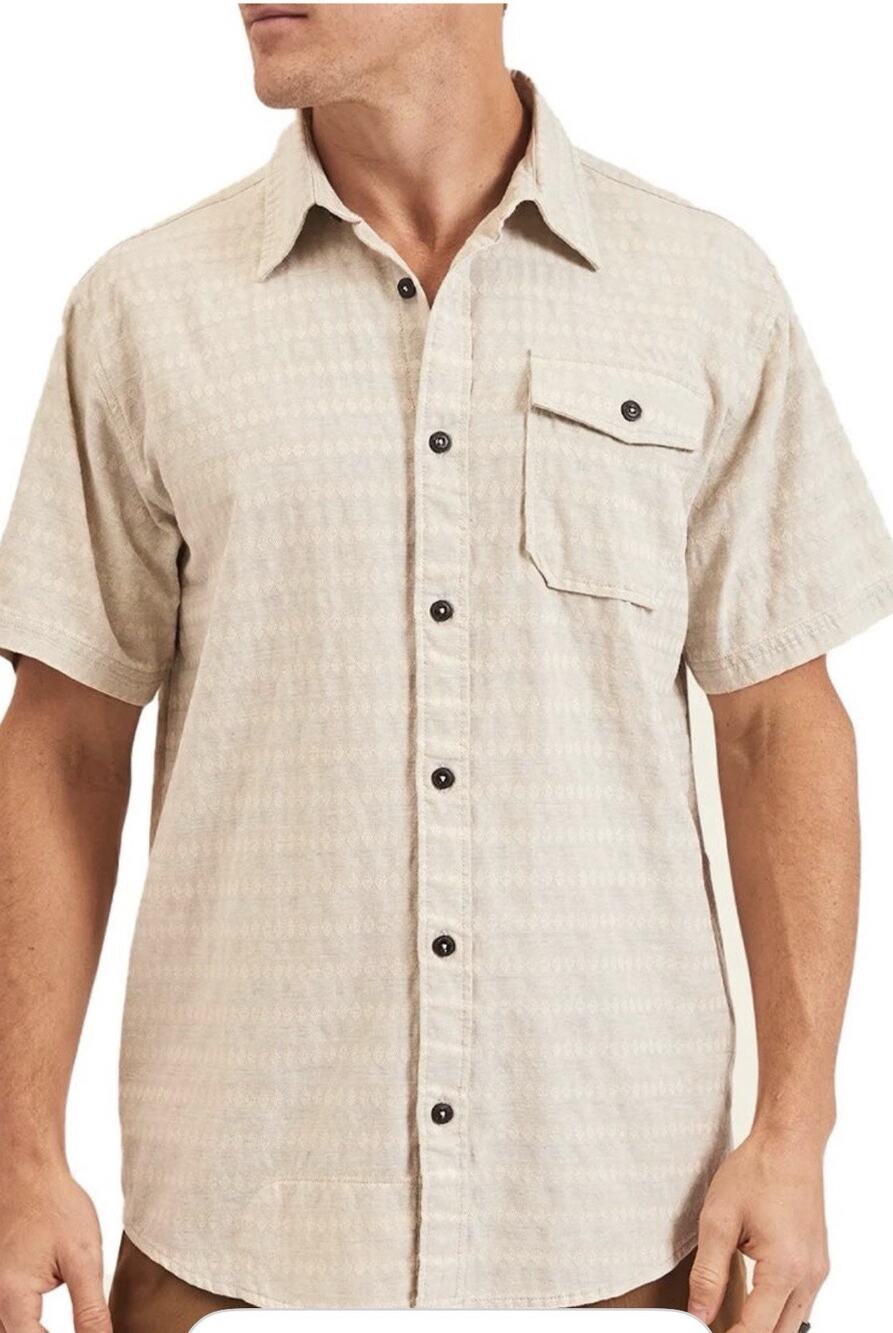 Howler Brothers Shirt Mens XL San Gabriel Beige Blue Textured Print Short Sleeve